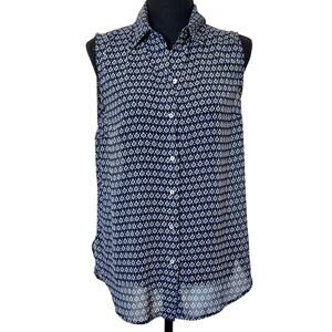 H&M Women Sleeveless Flowy Collared Sheer Geometric Button Down Blouse S6 (T186)